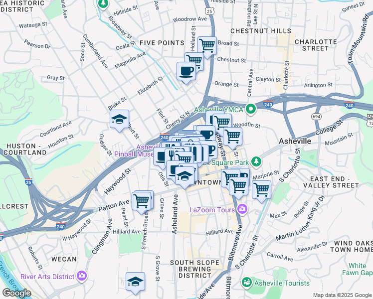 map of restaurants, bars, coffee shops, grocery stores, and more near 37 Page Avenue in Asheville