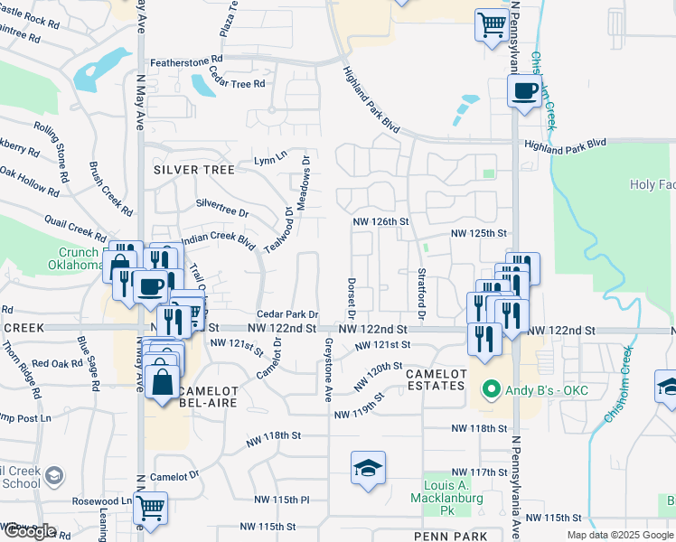 map of restaurants, bars, coffee shops, grocery stores, and more near 12420 Springwood Drive in Oklahoma City