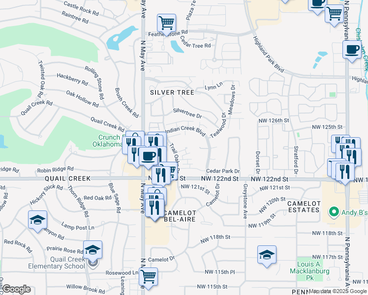 map of restaurants, bars, coffee shops, grocery stores, and more near 12456 Trail Oak Drive in Oklahoma City
