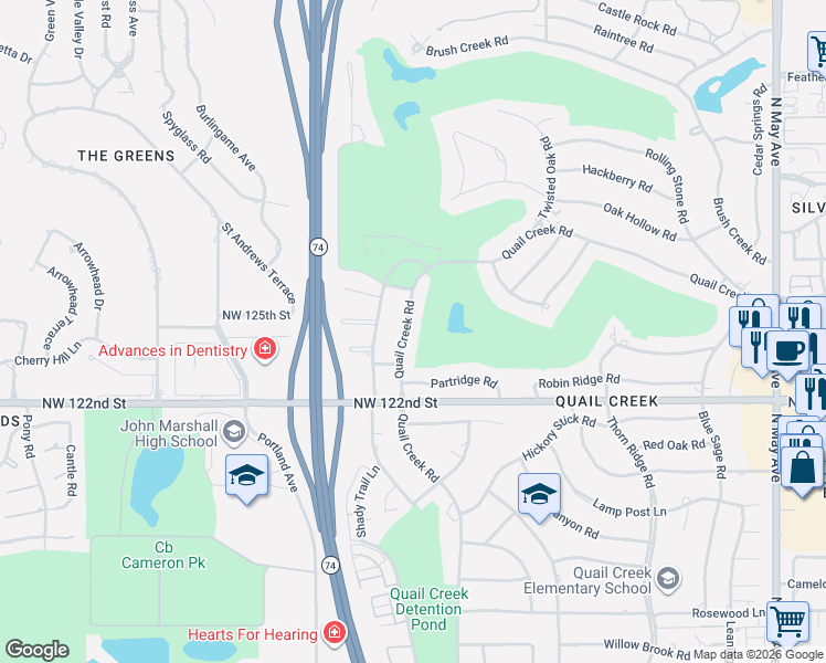 map of restaurants, bars, coffee shops, grocery stores, and more near 3608 Quail Creek Road in Oklahoma City