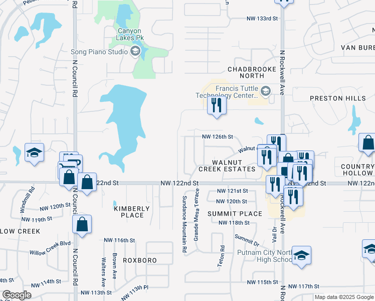map of restaurants, bars, coffee shops, grocery stores, and more near 12516 Whispering Hollow Drive in Oklahoma City