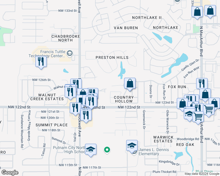 map of restaurants, bars, coffee shops, grocery stores, and more near 6752 Northwest 125th Court in Oklahoma City