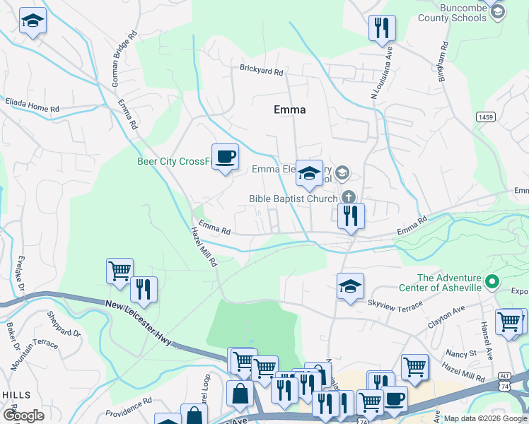 map of restaurants, bars, coffee shops, grocery stores, and more near 627 Emma Road in Asheville
