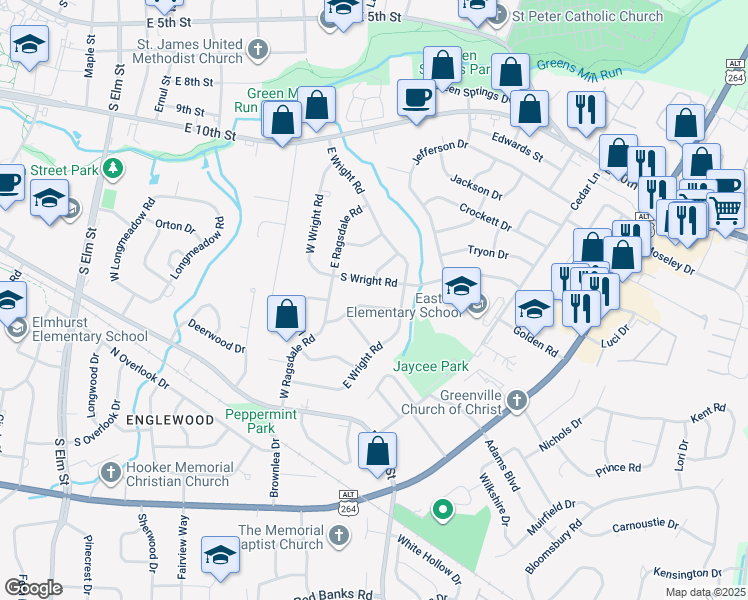 map of restaurants, bars, coffee shops, grocery stores, and more near 2415 Slay Drive in Greenville
