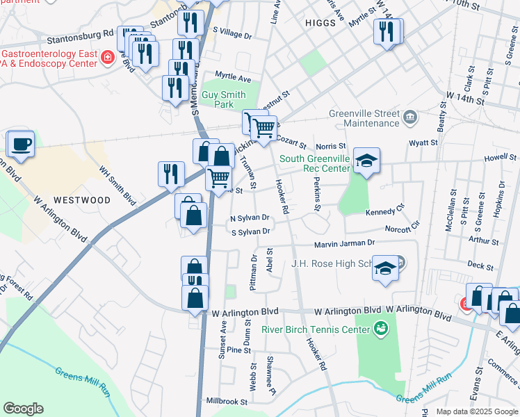 map of restaurants, bars, coffee shops, grocery stores, and more near 309 Truman Street in Greenville