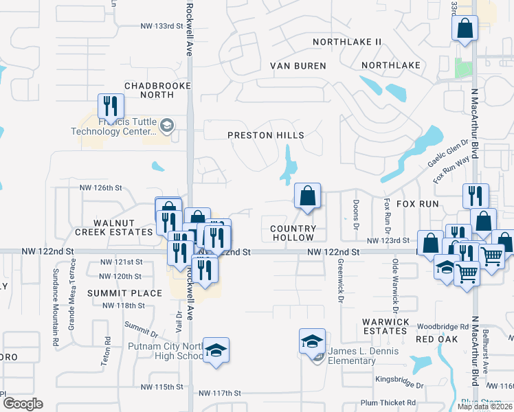 map of restaurants, bars, coffee shops, grocery stores, and more near 6756 Northwest 125th Court in Oklahoma City