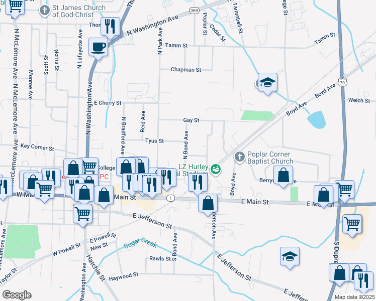 map of restaurants, bars, coffee shops, grocery stores, and more near 918 Gray Street in Brownsville