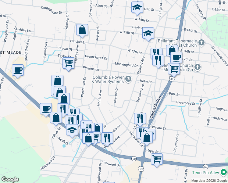 map of restaurants, bars, coffee shops, grocery stores, and more near 2000 Overton Drive in Columbia