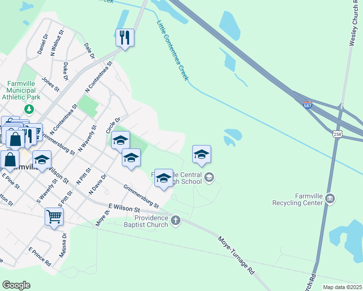 map of restaurants, bars, coffee shops, grocery stores, and more near 3109 Arrowhead Pl in Farmville