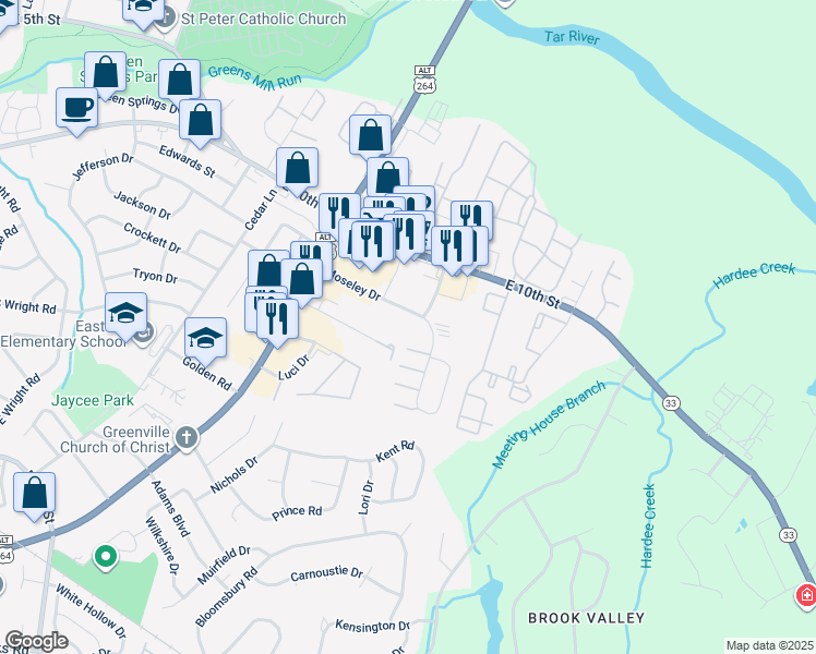 map of restaurants, bars, coffee shops, grocery stores, and more near 3210 Moseley Drive in Greenville