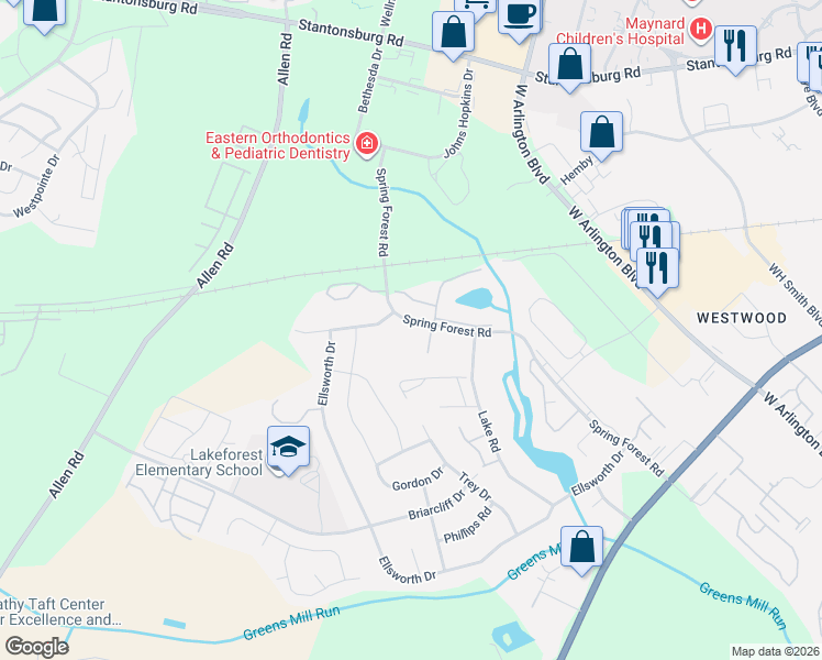 map of restaurants, bars, coffee shops, grocery stores, and more near 532 Spring Forest Road in Greenville