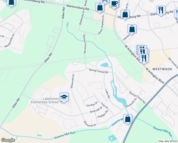 map of restaurants, bars, coffee shops, grocery stores, and more near 532 Spring Forest Road in Greenville