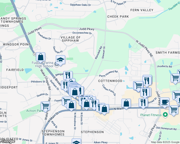 map of restaurants, bars, coffee shops, grocery stores, and more near Ransdell Road in Fuquay Varina