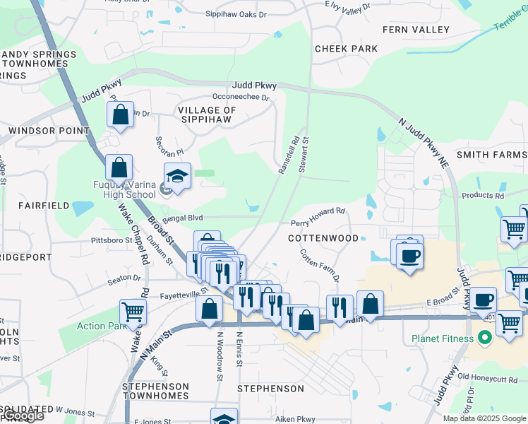map of restaurants, bars, coffee shops, grocery stores, and more near Ransdell Road in Fuquay Varina