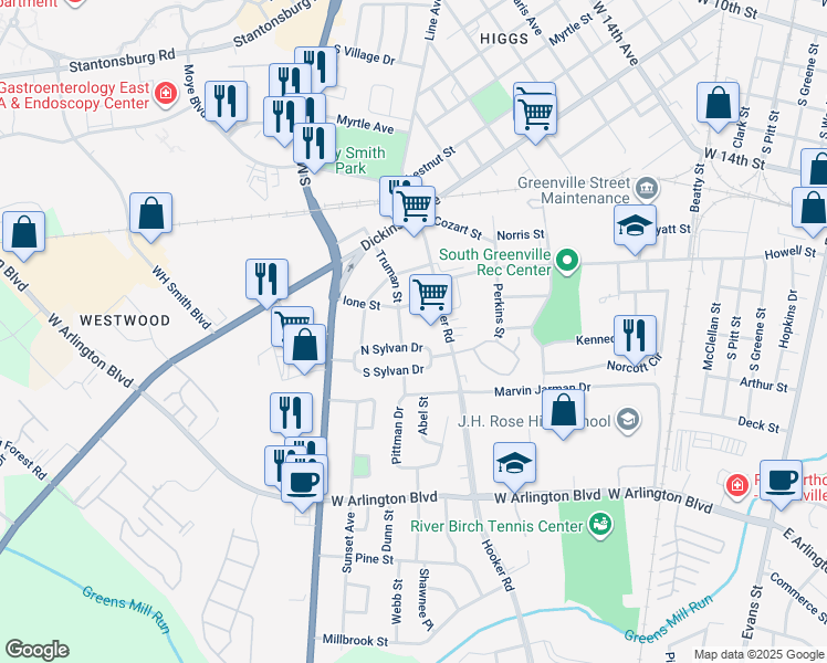 map of restaurants, bars, coffee shops, grocery stores, and more near 309 Truman Street in Greenville