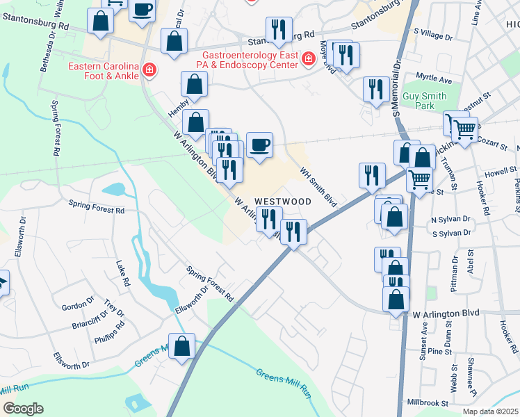 map of restaurants, bars, coffee shops, grocery stores, and more near 1840 West Arlington Boulevard in Greenville
