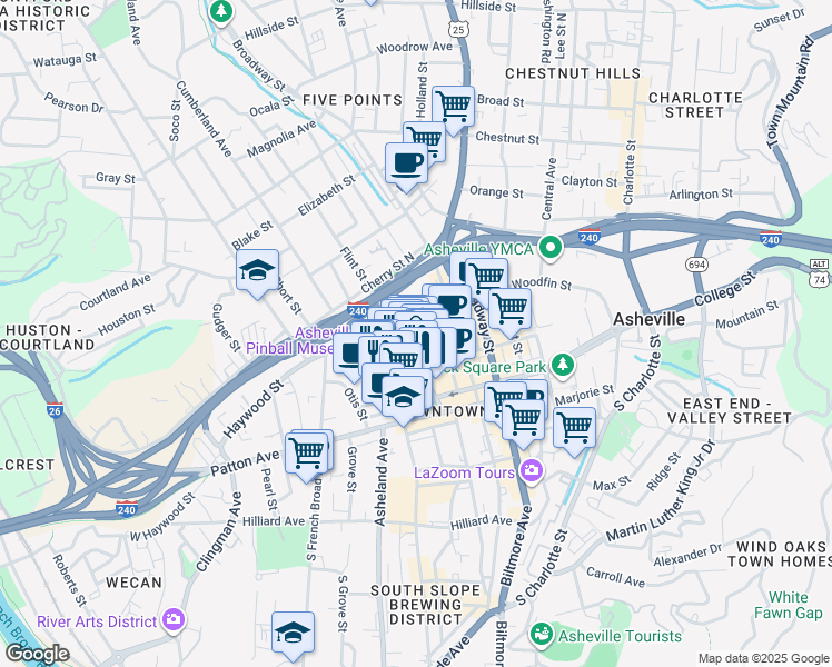map of restaurants, bars, coffee shops, grocery stores, and more near 75 Haywood Street in Asheville