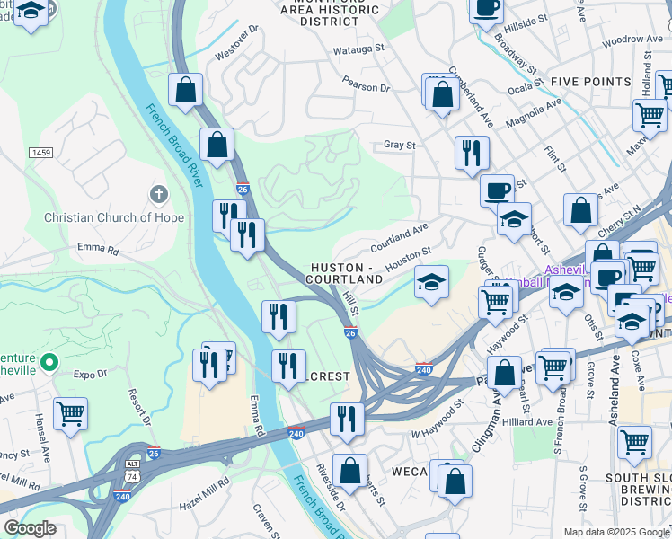 map of restaurants, bars, coffee shops, grocery stores, and more near 221 Courtland Place in Asheville