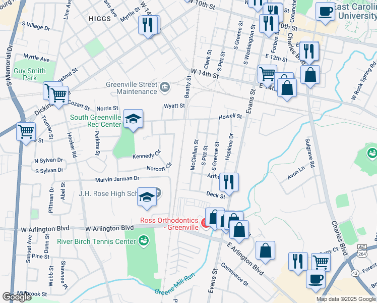 map of restaurants, bars, coffee shops, grocery stores, and more near 1798 McClellan Street in Greenville
