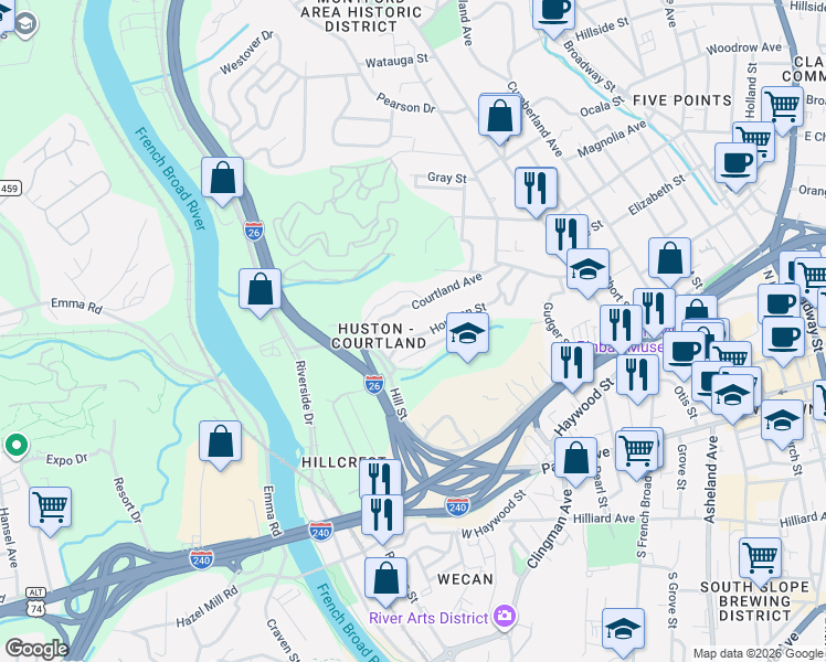 map of restaurants, bars, coffee shops, grocery stores, and more near 181 Houston Place in Asheville