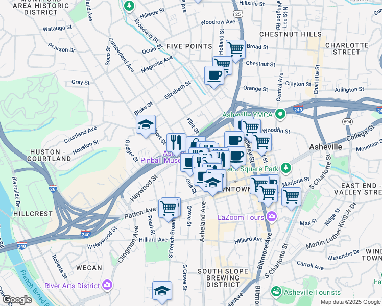 map of restaurants, bars, coffee shops, grocery stores, and more near 1 Battle Square in Asheville