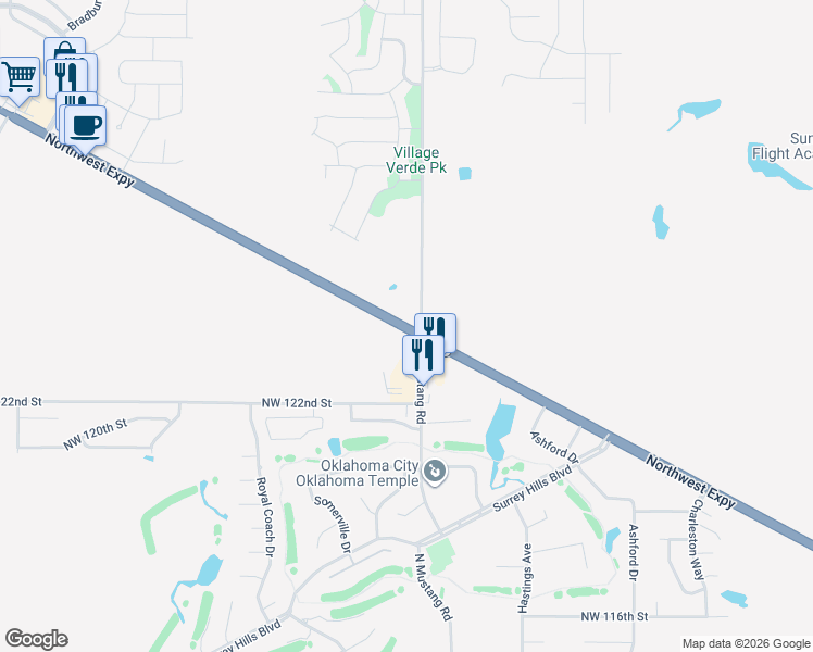map of restaurants, bars, coffee shops, grocery stores, and more near 11425 Northwest Expressway in Yukon