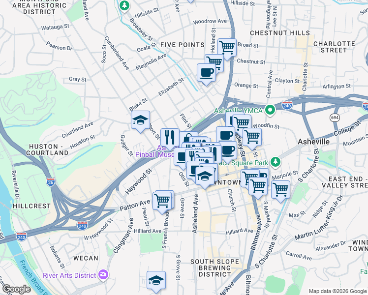 map of restaurants, bars, coffee shops, grocery stores, and more near 1 Battle Square in Asheville