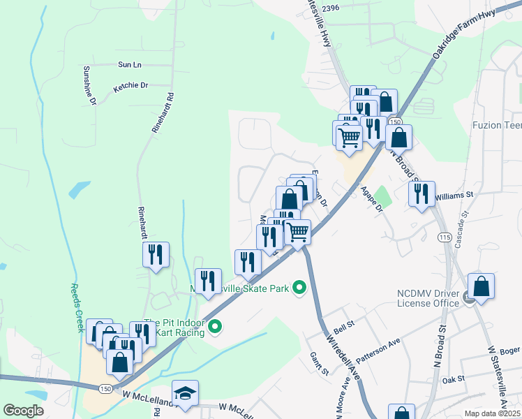 map of restaurants, bars, coffee shops, grocery stores, and more near 149 Marakery Road in Mooresville
