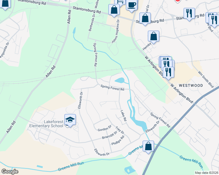 map of restaurants, bars, coffee shops, grocery stores, and more near 600 Spring Forest Road in Greenville