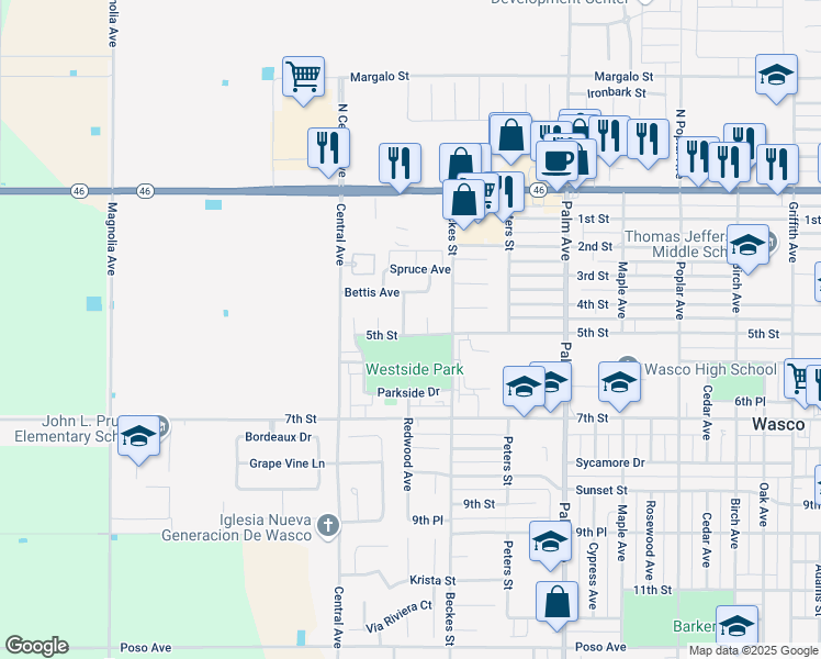 map of restaurants, bars, coffee shops, grocery stores, and more near 2580 5th Street in Wasco