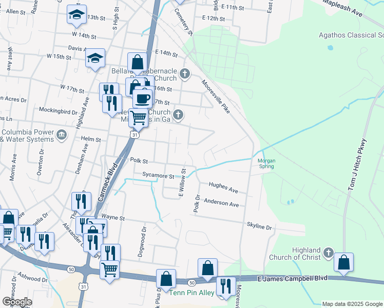 map of restaurants, bars, coffee shops, grocery stores, and more near 319 Polk Street in Columbia