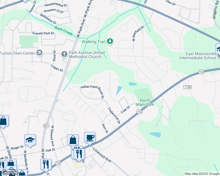map of restaurants, bars, coffee shops, grocery stores, and more near 166 Wellshire Street in Mooresville