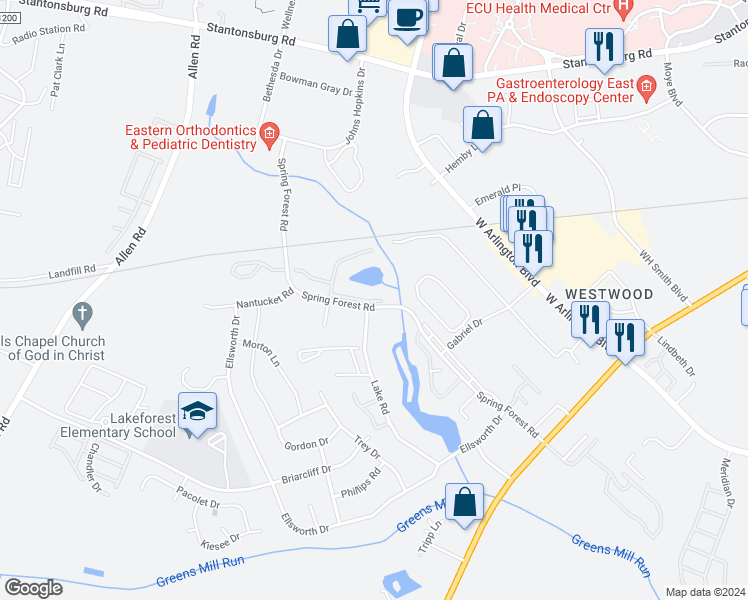 map of restaurants, bars, coffee shops, grocery stores, and more near 605 Spring Forest Road in Greenville