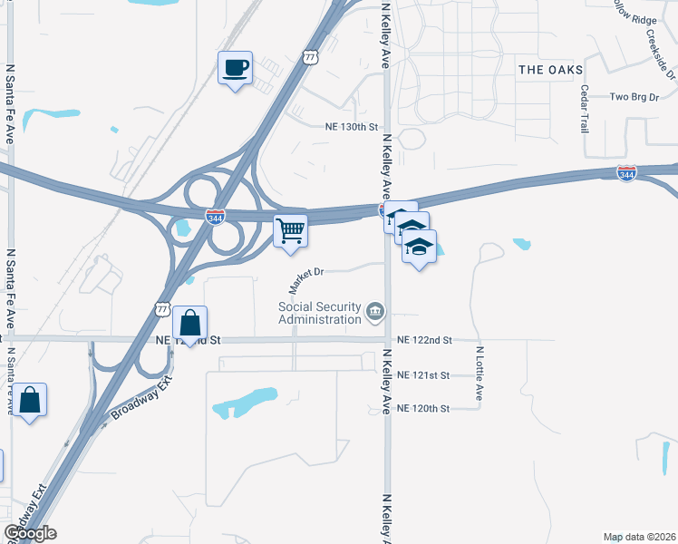 map of restaurants, bars, coffee shops, grocery stores, and more near Market Drive in Oklahoma City