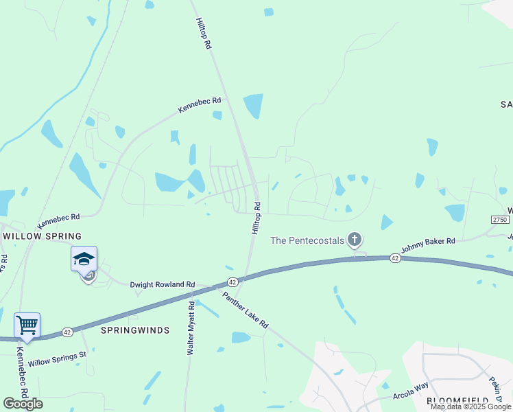 map of restaurants, bars, coffee shops, grocery stores, and more near 6493-6517 Hilltop Road in Wake County