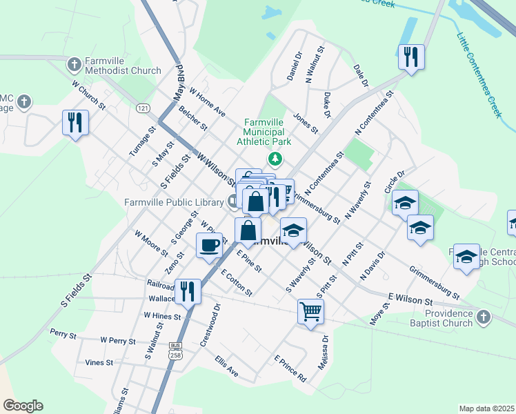 map of restaurants, bars, coffee shops, grocery stores, and more near 3725 Highway 121 in Farmville