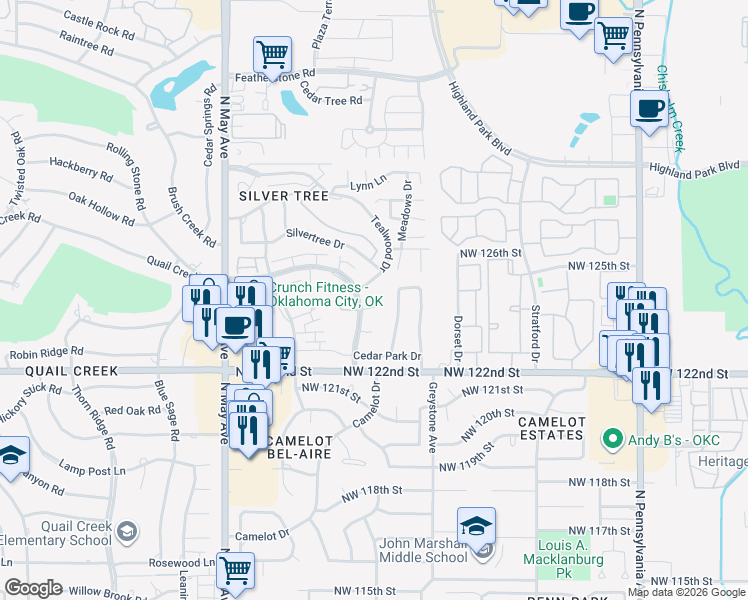 map of restaurants, bars, coffee shops, grocery stores, and more near 12401 Indian Creek Boulevard in Oklahoma City