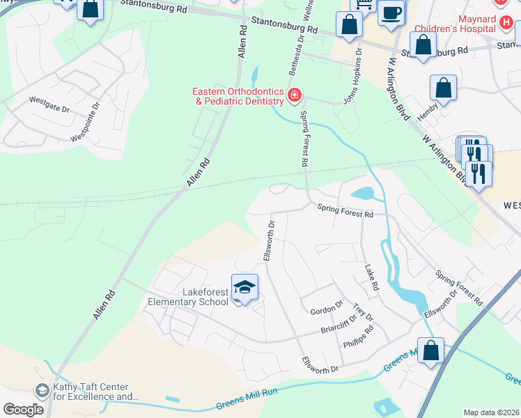 map of restaurants, bars, coffee shops, grocery stores, and more near 3501 Ellsworth Drive in Greenville