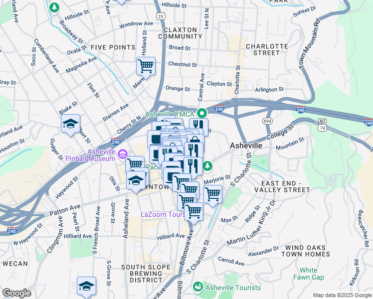 map of restaurants, bars, coffee shops, grocery stores, and more near 25 East Walnut Street in Asheville