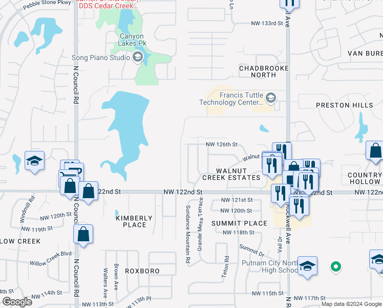 map of restaurants, bars, coffee shops, grocery stores, and more near 12604 Whispering Hollow Drive in Oklahoma City