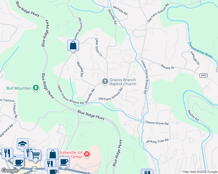 map of restaurants, bars, coffee shops, grocery stores, and more near 84 Old Farm School Road in Asheville
