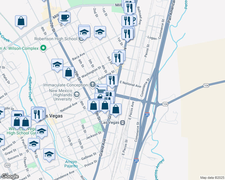 map of restaurants, bars, coffee shops, grocery stores, and more near 727 Grand Avenue in Las Vegas