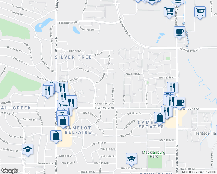 map of restaurants, bars, coffee shops, grocery stores, and more near 12512 High Meadow Drive in Oklahoma City