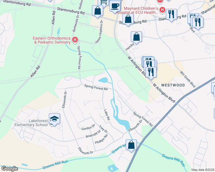 map of restaurants, bars, coffee shops, grocery stores, and more near 605 Spring Forest Road in Greenville
