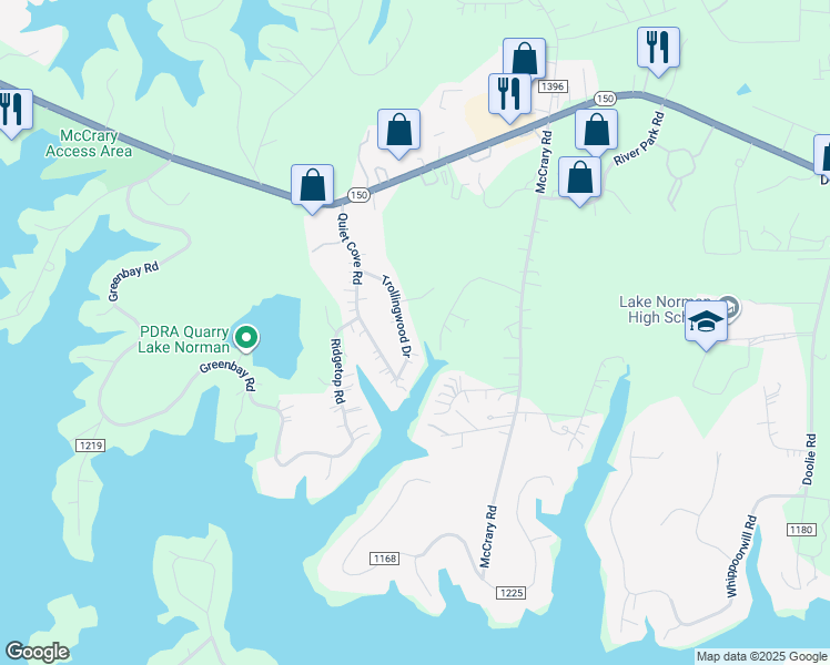 map of restaurants, bars, coffee shops, grocery stores, and more near Trollingwood Ln in Mooresville