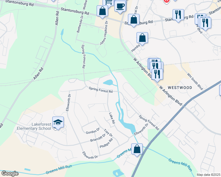 map of restaurants, bars, coffee shops, grocery stores, and more near 605 Spring Forest Road in Greenville