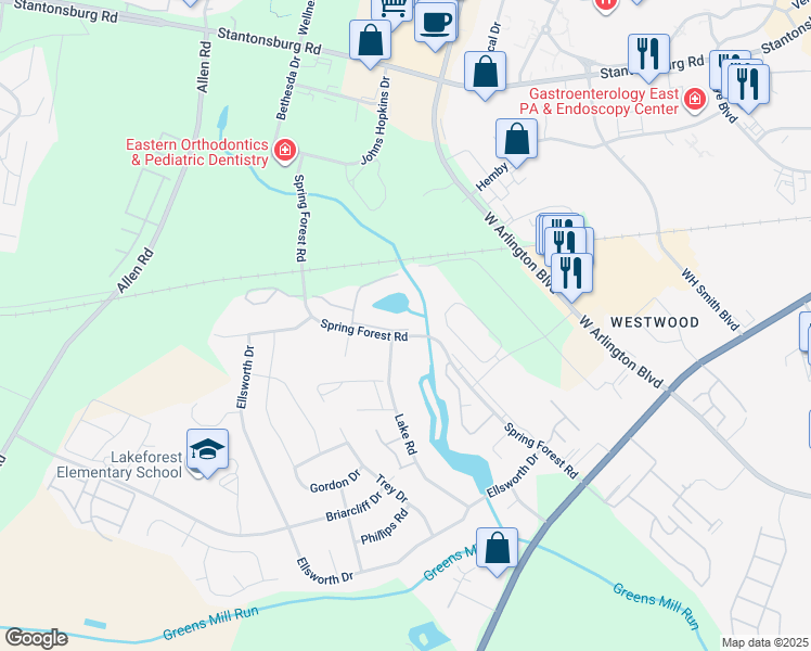 map of restaurants, bars, coffee shops, grocery stores, and more near 607 Spring Forest Road in Greenville
