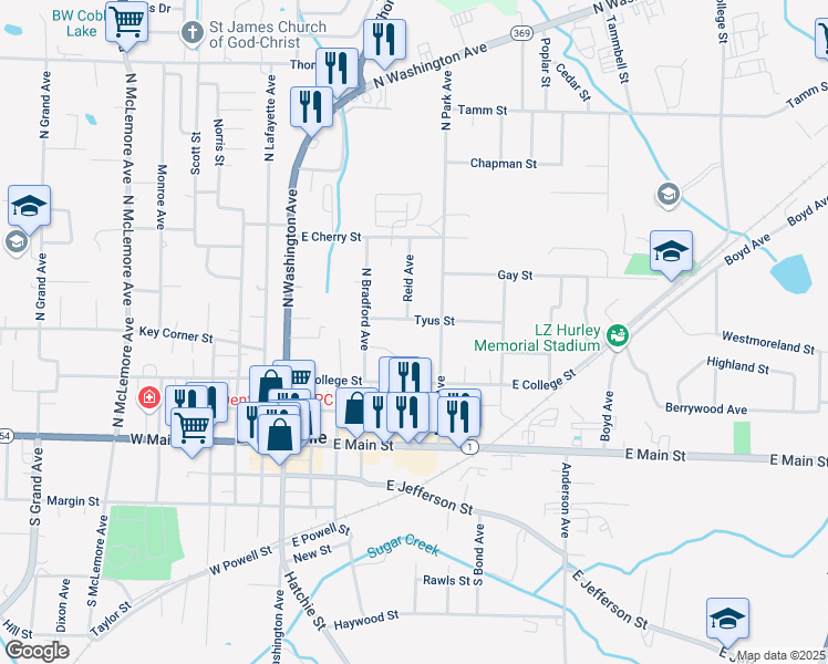 map of restaurants, bars, coffee shops, grocery stores, and more near 415 Tyus Street in Brownsville