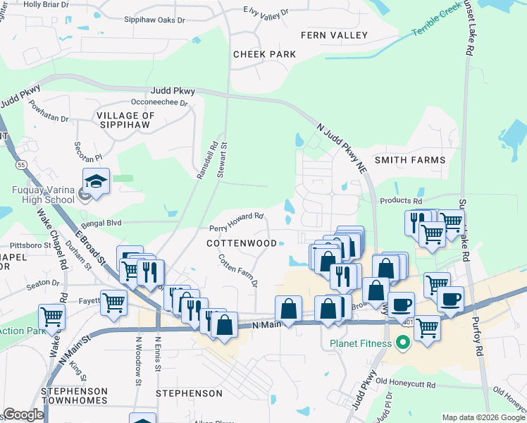 map of restaurants, bars, coffee shops, grocery stores, and more near 650 Ashley Lane in Fuquay-Varina