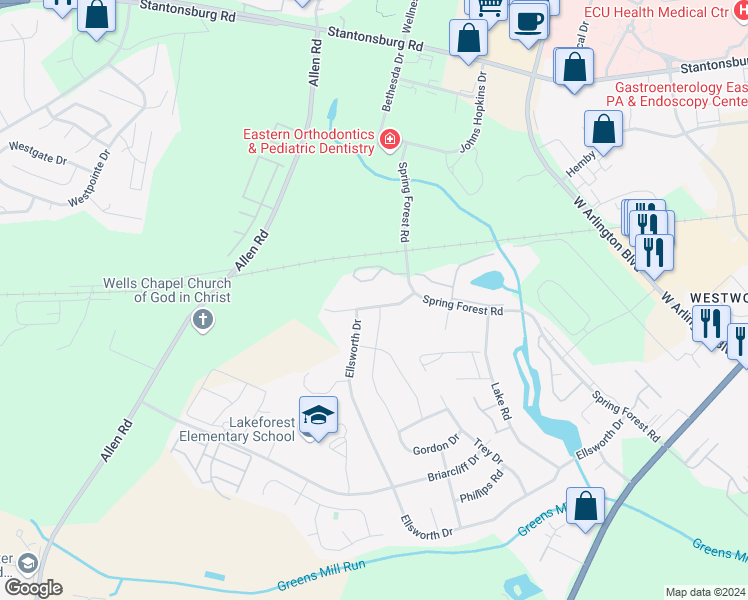 map of restaurants, bars, coffee shops, grocery stores, and more near 514 Spring Forest Road in Greenville